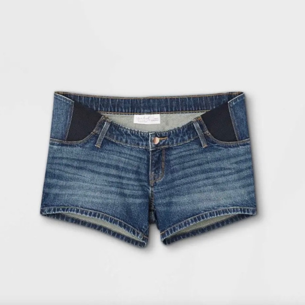 Isabel Maternity l 2 Light Blue Expandable Side Panel Pregnancy Midi Jean Shorts